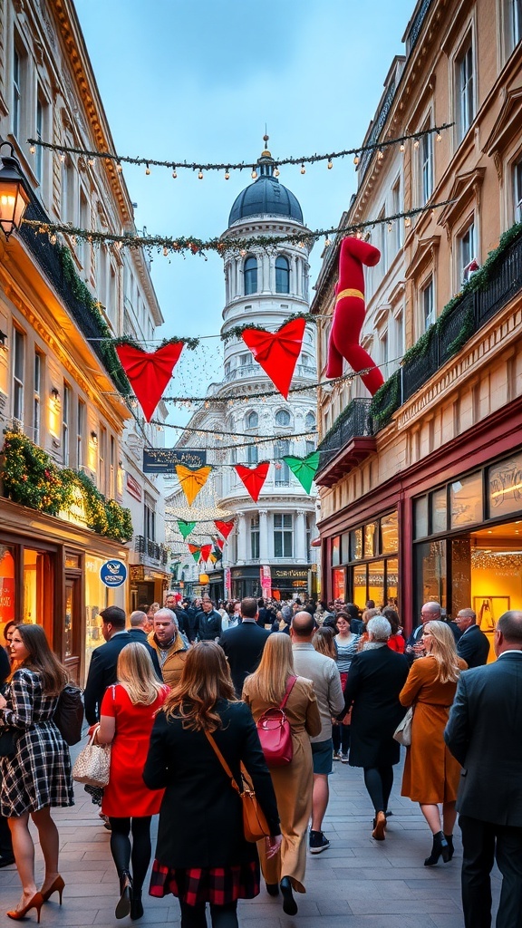 People in stylish Christmas party outfits walking in a decorated London street during the festive season.